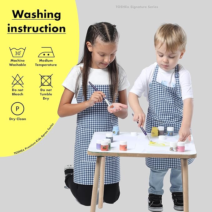 Kids Aprons for Cooking Waterdrop Resistant Aprons for Girl & Boy Toddler Apron for Painting, Gardening, Baking, Smock (Plaid Navy Blue, Medium (6-10 years)