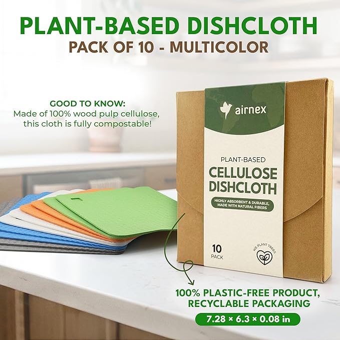 AIRNEX 10 Pack Cellulose Swedish Dishcloths for Kitchen - Eco-Concious Reusable Dish Towels & Cloths - Super Absorbent, Odor Resistant and Fast Drying Wash Cloths for Dishes & Surfaces