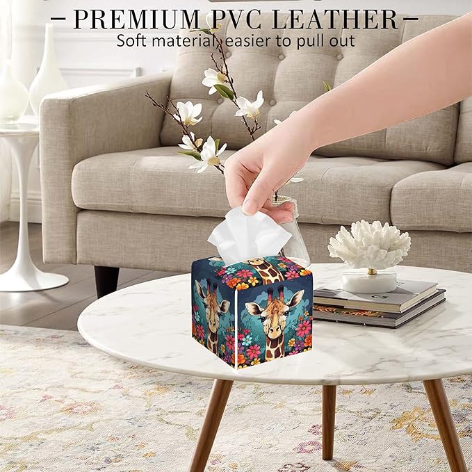 POIUBLE Giraffe with Flowers Tissue Box Cover Leather Tissue Box Holder Square Facial Paper Organizer Dispenser for Bathroom Kitchen Bedroom Vanity Countertop Night Stands