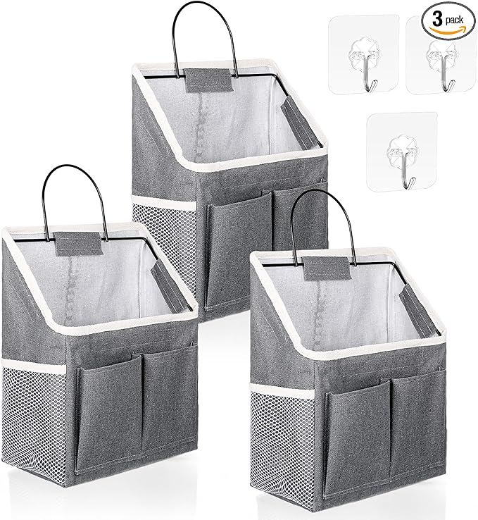 Pafeooui 3pcs Wall Hanging Organizer Bag, Linen Fabric Door Hanging Storage Basket with Pockets, Waterproof Bin for Kitchen Bedroom Bathroom Office RV Camper, Gray