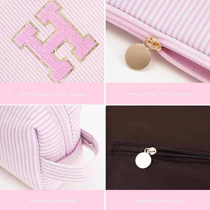 Btffitting Monogrammed Gifts for Women - Cosmetic Bag for Teen,Initial Cute Makeup Bag Set for Women,Trendy Pouch for Niece Sister Friend Female Her,Birthday Gifts for Daughter - Pink,H