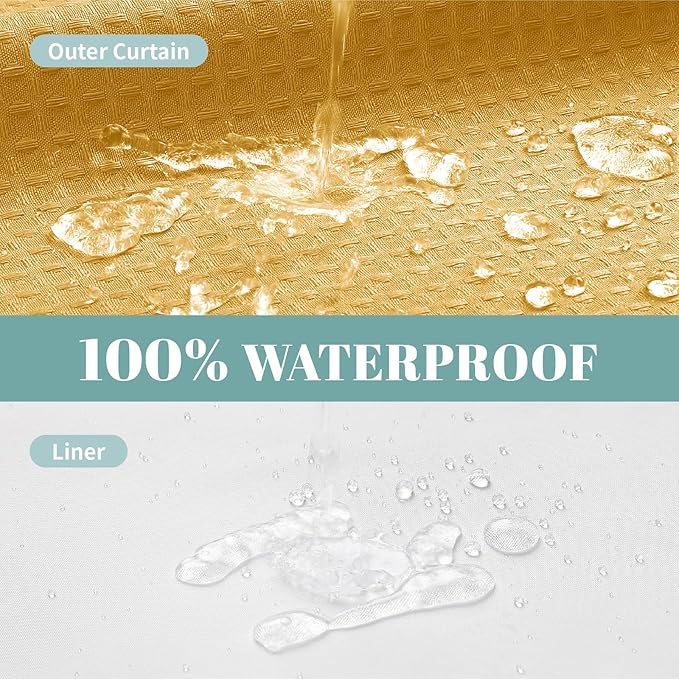 eachope Gold No Hook Waffle Weave Shower Curtain with snap-in Liner Replacement, 230GSM Waterproof Fabric Hotel Shower Curtain Set for Bathroom, Through Mesh Top Window,71Wx86H