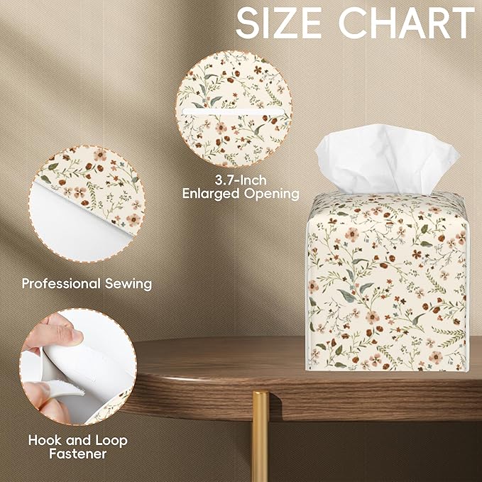 OHEGBXE Vintage Decorative Square Leather Tissue Box Holder Cover Facial Paper Organizer Dispenser for Bathroom, Vanity Countertop, Office Desk (Vintage Flowers and Plants)