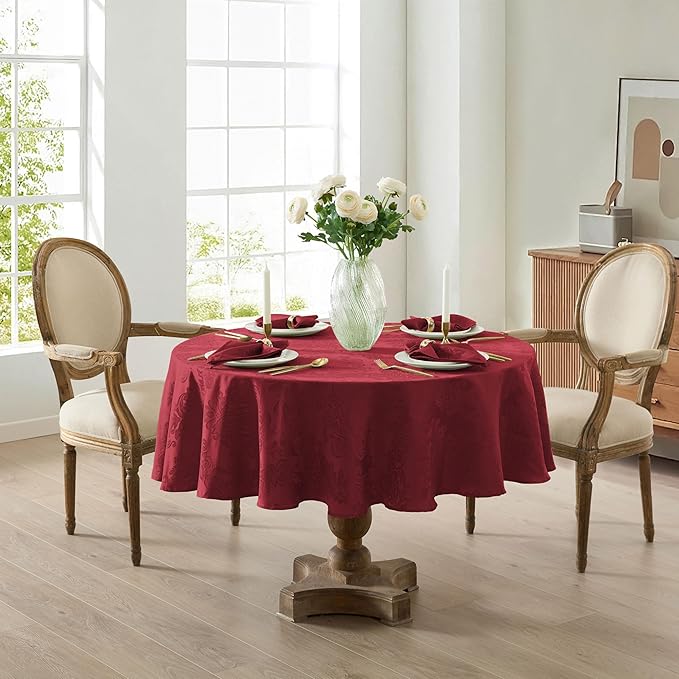 Newbridge Barcelona Damask Fabric Tablecloth, 90 Inch Round, Burgundy – No Iron, Soil Resistant Table Cover for Dining, Parties and Holidays