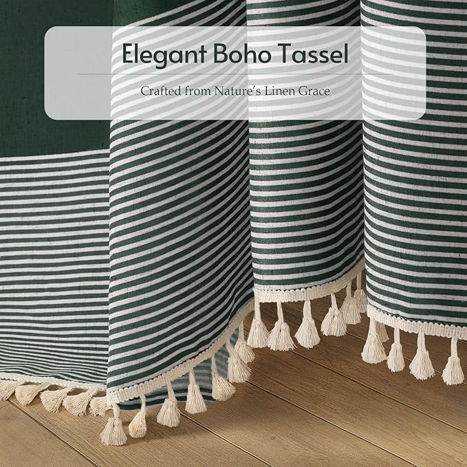 XOGUIBO Dark Green Shower Shower Curtain Boho Linen Striped Shower Curtains for Bathroom with Tassel 72 X 72