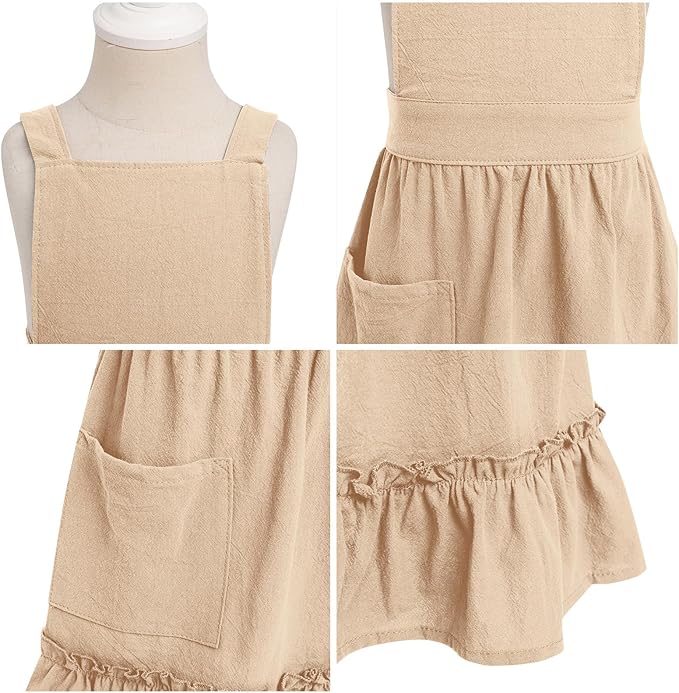OBEEII Kids Aprons for Cooking Cotton Linen Children Baking Kitchen Gardening Painting Apron Pinafore Dress with Pockets