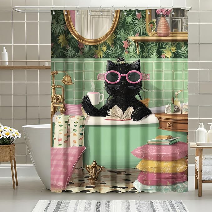 mutakin Funny Cat Shower Curtain Cute Kitten Taking Bath Shower Curtains for Bathroom Waterproof Fabric Bath Curtain Decor with Hooks