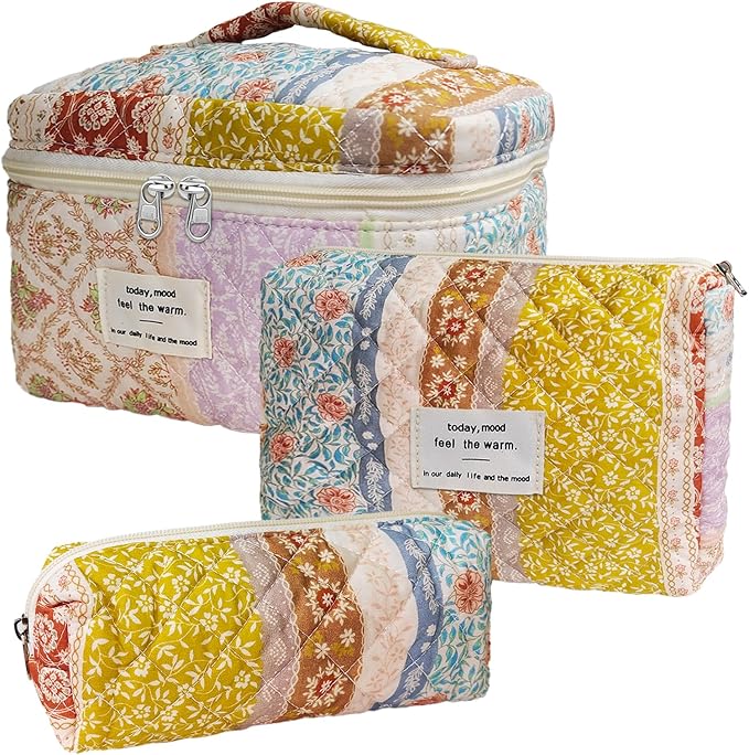 Cozomga Quilted Makeup Bag, Large Capacity Travel Cosmetic Bag for Women and Girls, Aesthetic Storage for Daily and Travel Use (3pcs-EthnicStyle)