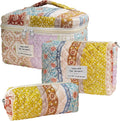 Cozomga Quilted Makeup Bag, Large Capacity Travel Cosmetic Bag for Women and Girls, Aesthetic Storage for Daily and Travel Use (3pcs-EthnicStyle)