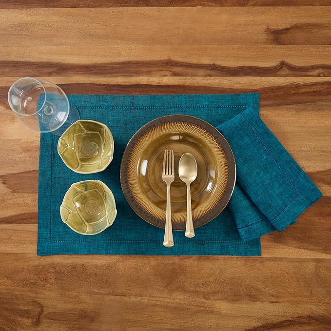 Solino Home Linen Cloth Placemats Set of 4-100% Pure Linen Hemstitch Chambray Teal Placemats 14 x 19 Inch - Milan Hemstitch Table Place Mats for Spring, Easter, St Patricks Day