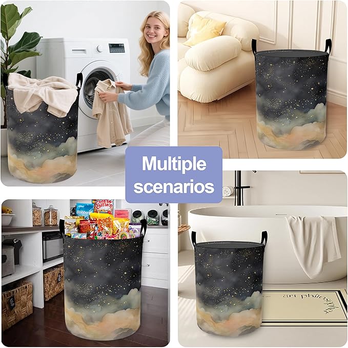 Laundry Basket,Night Sky Stars Clouds Large Canvas Fabric Lightweight Storage Hamper Organizer Dirty Clothes Collapsible Waterproof for College Dorms,Bathroom