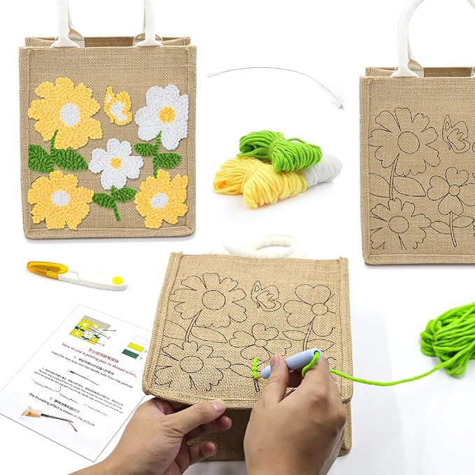 Groodo Punch Needle Kit for Beginners, Easy DIY Embroidery Set for Kids & Adults Complete Embroidery Tote Bag Set with Punch Needle Tool & Easy Instructions