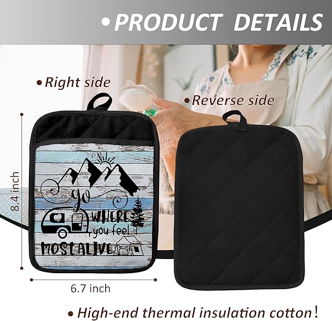 Camping Camper RV Gifts Pot Holders with Pockets, Go Where You Feel Most Alive Pot Holders Heat Resistant Oven Mitts Hot Pads for Campsite RV Kitchen Baking Cooking