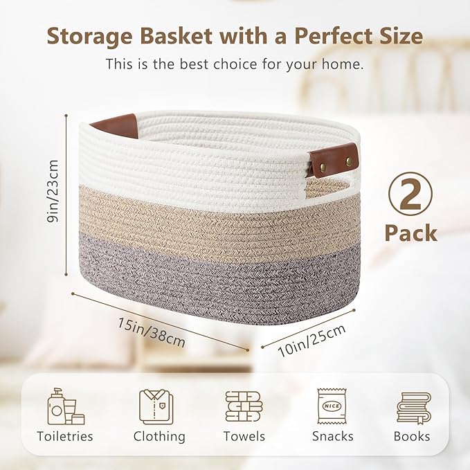 ECDYQXVU Cotton Rope Basket, Storage Baskets with Handle, 15x10x9 Inch Woven Basket for Shelves, Laundry, Towels, Clothes, Books, (Gradient Brown 2 Pack)