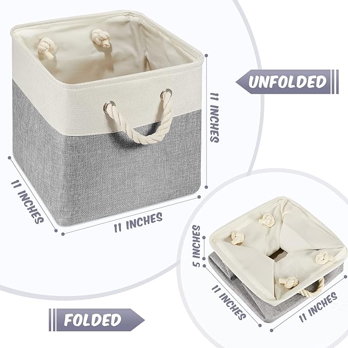 Geiserailie 6 Pcs 11 x 11 Inch Cube Storage Bins Fabric Storage Organizer Bins Foldable Cube Baskets with Sturdy Carry Handles Wicker Baskets for Home (Gray and White)