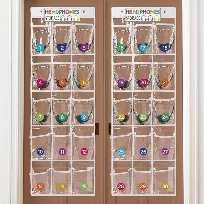 Vincreem 2 Pcs Over The Door Hanging Classroom Headphone Storage Organizer 30 PVC Clear Organizer Holder Pockets with 2 Pcs Headphone Storage Cards with Digital Stickers for Library Door Hanger