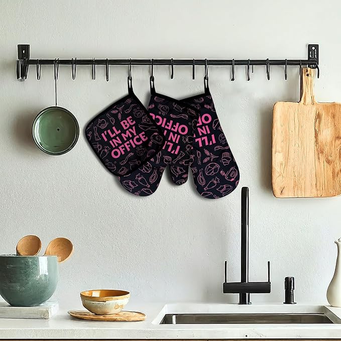 Funny Baking Oven Mitts and Pot Holders Set of 3, I'll Be in My Office, Heat Resistant Non-Slip Kitchen Mitts Hot Pads, Baking Gifts for Women, Christmas Birthday Gifts for Chef Bake Lover