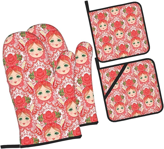 Traditional Russian Nesting Doll with Flowers Oven Mitts and Pot Holders 4 Pcs Set Oven Gloves and Potholders for Cooking Microwave BBQ Baking Grilling