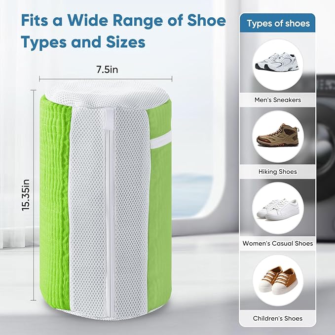 M-Better Shoe Washing Bag 2Pack - Reusable Shoe Laundry Bag with Mesh Socks Washer Machine Bag - 360°Deep Protective Cleaning Bags for Sneakers Delicate Footwear - Home Dorm Travel Essentials, Green
