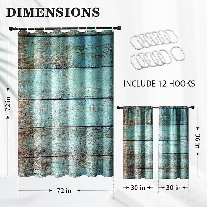 Culudea Turquoise Wooden Shower Curtain Set, Teal Green Blue Bathroom Window Waterproof Shower Curtain Set for Bathroom Decor
