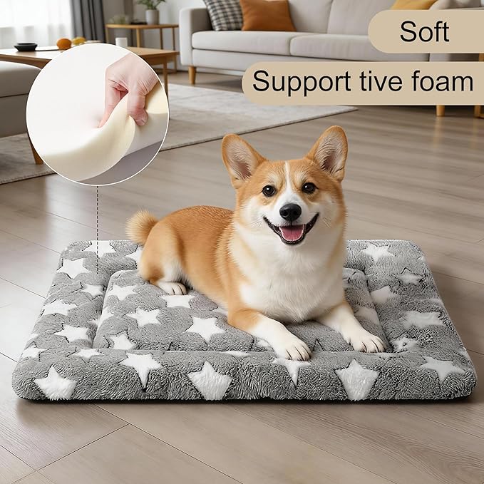 Fogkiss Dog Crate Mat, 4 Piece Reversible Pet Bed, Polyester, Machine Washable, Small Dogs & Cats, Rectangular (Gray Star, 24" L x 18" W x 1.5" Th)