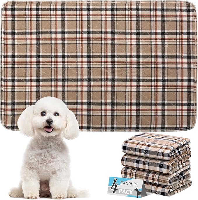 ESGPET Washable Pee Pads for Dogs - 24”x36” 4PCS, Whelping Pad for Puppy Training, Playpen Crate Bed Floor Protector, Reusable Dog Potty Pads Non-Slip, Super Absorbent & Odor Controlling, Brown Plaid