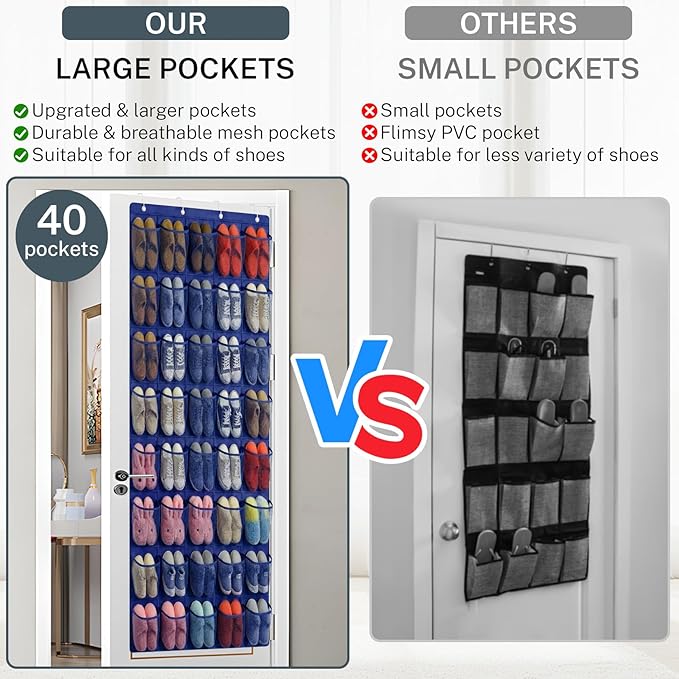 Hualleko 40-Pocket Over the Door Shoe Organizer - Large Mesh Pocket Hanging Shoe Organizer,Behind the Door Shoes Storage Holder Hanger