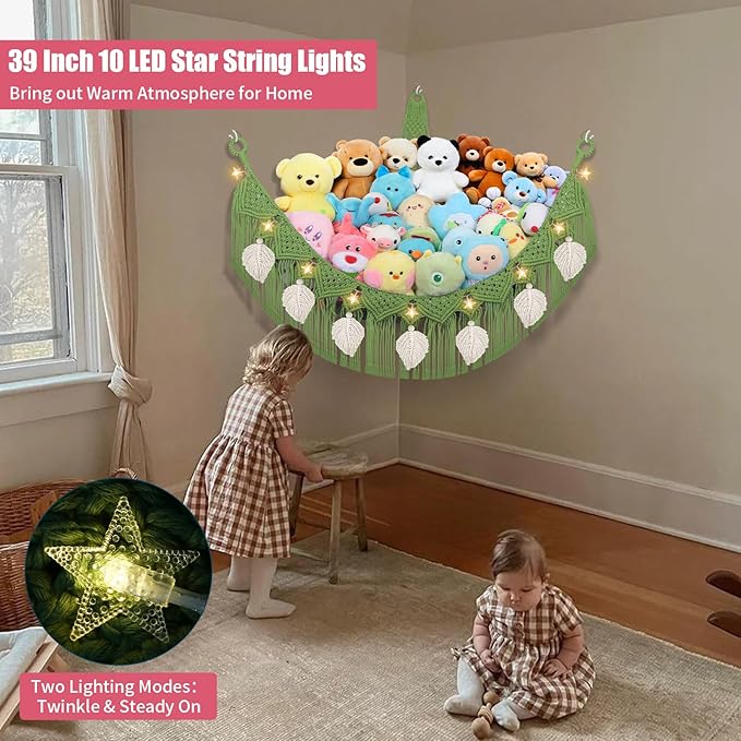 Stuffed Animal Hammock Corner, 56'' Large Boho Leaf Macrame Wall Mount Toy Hammock, Hanging Net Organizer for Teddy Plush, Avocado Green Nursery Toy Net w/Star Lights for Kid Girls Boys Gift