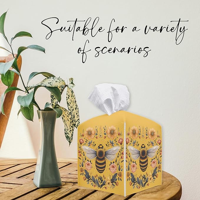 Floral Bee Square Tissue Box Holder Cover, Tissue Cube Box Organizer for Bathroom, Living Room, Office, Countertop, Car, Night Stands, Modern Home Desk Tabletop Decor - A03