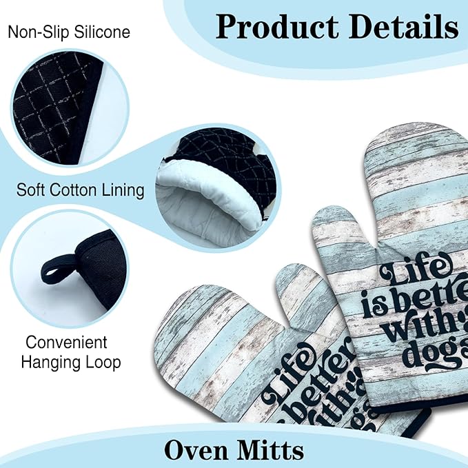 2 Pack Funny Dog Lover Oven Mitts, Life is Better with Dogs, Heat Resistant Baking Mitts, Kitchen Decor Gifts for Dad Mom, Sweet Housewarming Gifts for Hostess Housewife Sister Friend Baker