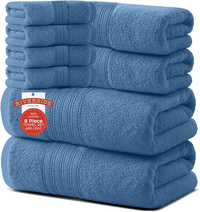 RIVERSIDE Pack of 8 Towels Set, 2 Large Bath, 2 Hand, 4 Face Washcloths, 100% Cotton Hotel Quality, Super Soft, Quick Dry, Highly Absorbent Perfect for Bathroom, Medium Blue