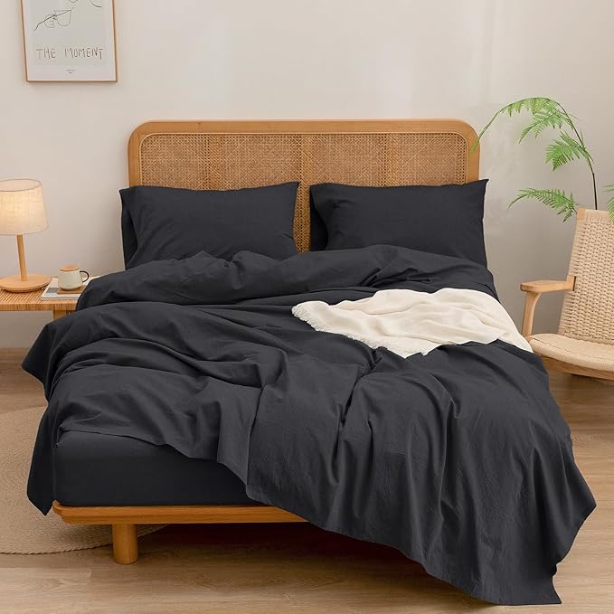 BESTOUCH Sheet Set 100% Washed Cotton Linen Feel Super Soft Comfortable Chic Lightweight 4 Pcs Home Bedding Set Solid Deep Black Full