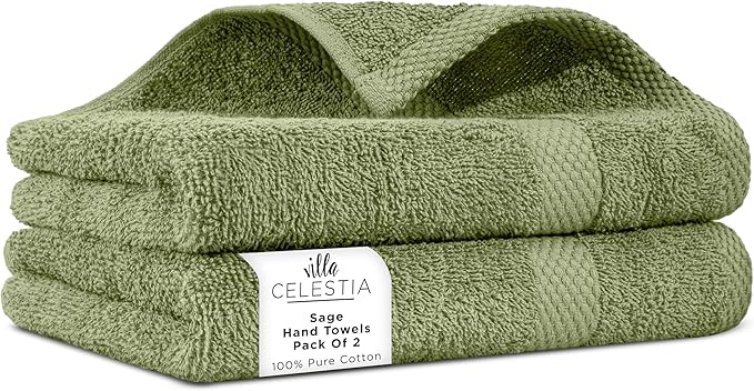 Villa Celestia 100% Cotton Hand Towel Set of 2, (16 x 28 inches) Sustainable, Soft, Highly Absorbent, Quick Drying, Combed Cotton Hand Towels Pack of 2 Ideal for Hotels, Spa, Bathroom, Dorm, Sage
