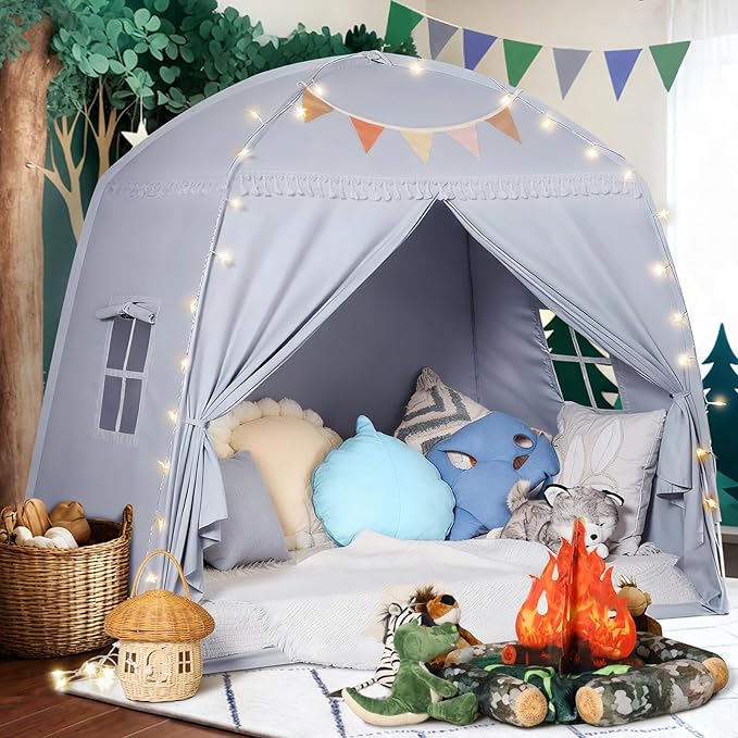 Sumbababy Large Teepee Tent for Kids: with Star Lights - Tent for Toddler Indoor Kids Teepee Tent for Boys & Girls - Toddler Play Tent Inside Canopy Bed for Playroom Gift Toys (Gray)