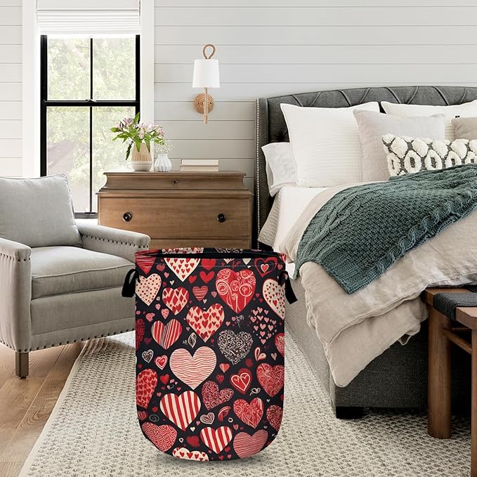 Red Heart Laundry Basket with Sturdy Handles, Collapsible Oxford Cloth Laundry Hamper Organizer Basket for Bathroom Bedroom 15.7x20 Inch