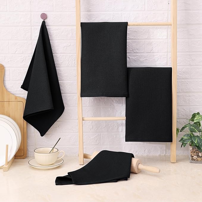 Homaxy 100% Cotton Kitchen Towels and Dishcloths Set - 8 Pack Waffle Weave Soft and Absorbent Dish Towels - 26 X 16 Inch and 12 X 12 Inch - Black