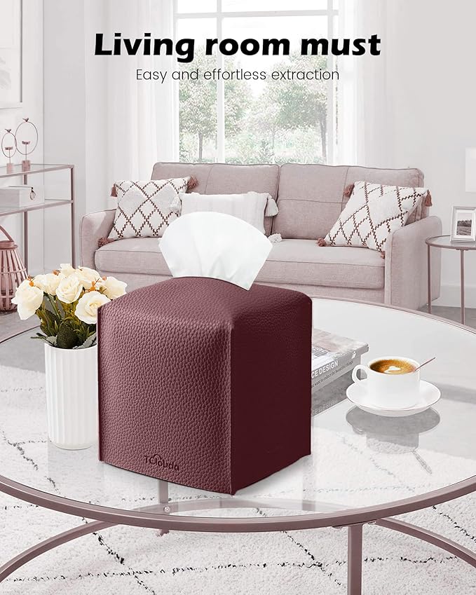 Tclouda Tissue Box Cover for PU Leather, Modern Simple Solid Color Holder Square Tissue Bag, Ideal for Bathrooms,Office,Car,Nightstand,Outdoor Tent,Dining Table,5"X5"X5", Single Wine