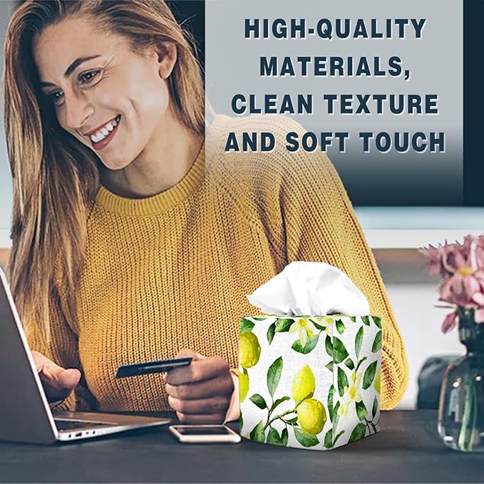 Tissue Box Cover Square Decorative Tissue Box Holder Cute Funny Cube Tissue Case Cover-Fresh Lemon Flower Tissue Box Cover