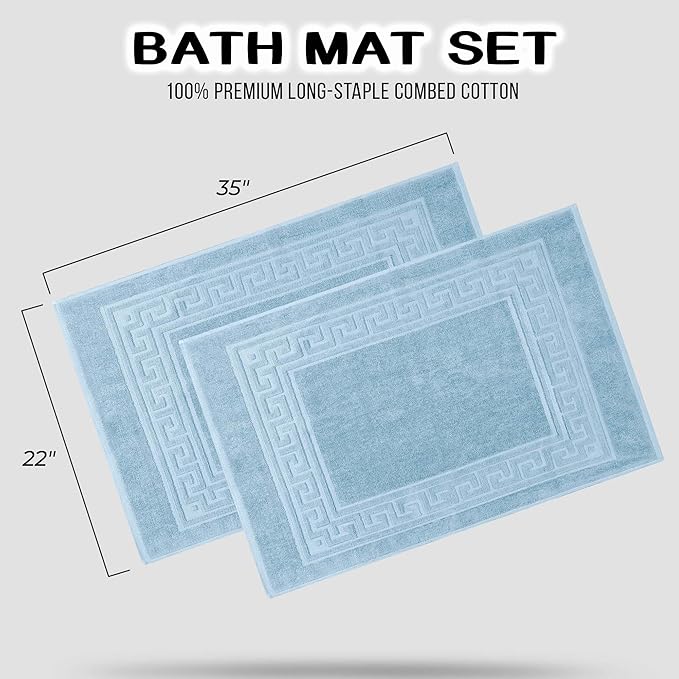 Superior Heavyweight Cotton Bath Mats, Bath Rugs For Bathroom Accessories, Washable Rug For Shower, Toilet, Modern Decor, No Backing, Luxury Hotel And Spa Quality, Set of 2, 22" x 35", Light Blue