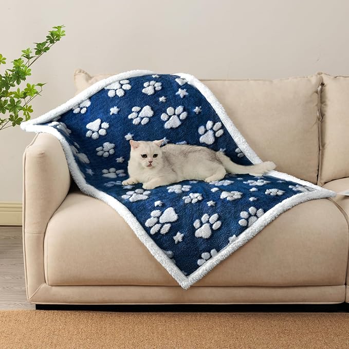 Yaning Waterproof Blanket for Dog Cat or Adult, Cute 3D Textured Paw Dog Blanket for Bed Couch Sofa, Soft Liquid Pee Proof Pet Furniture Protector, 50"x60", Navy Blue