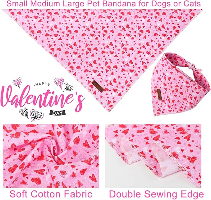 UP URARA PUP Valentine Dog Bandana - Pink Heart Triangle Bib Scarf for Small Medium Pets, Cotton Kerchief for Girl Boy Dogs or Cats, Red Puppy Bandana