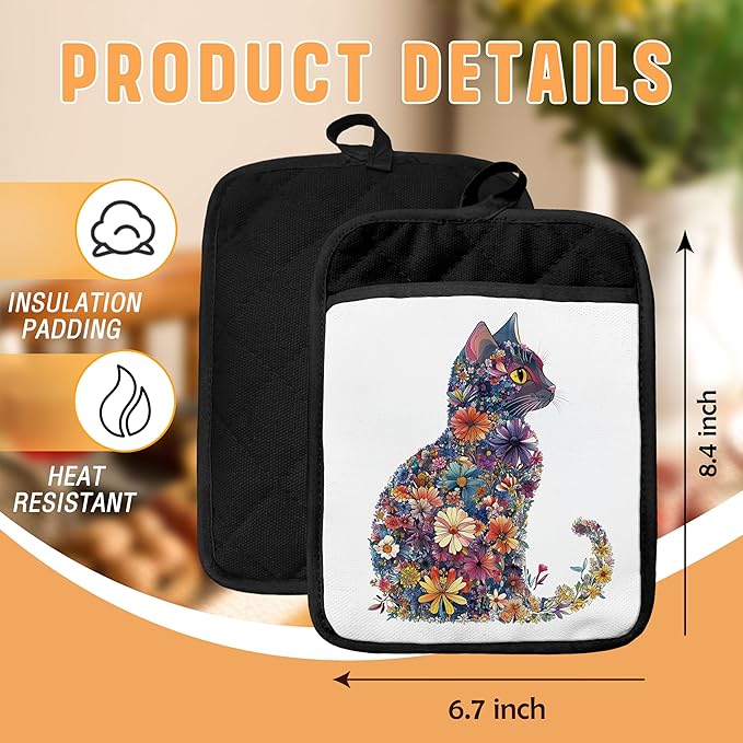 Flower Cat Pot Holders with Pockets, Cat Kitchen Decor, Aesthetic Floral Kitten Kitty Oven Pot Holders Heat Resistant Oven Mitts Hot Pads for Kitchen Baking Cooking