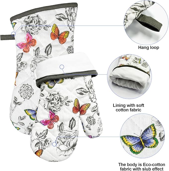 Oven Mitts and Pot Holders with Chaf Apron,Set of 5 Heat Resistant Kitchen Gloves and Silicone Non-Slip Potholders Adjustable Neck Buckle Apron, Cotton Nice Design for Cooking (Butterfly)