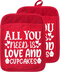 Red Christmas Pot Holders with Pockets, All You Need is Love and Cupcakes Christmas Holiday Oven Pot Holders Heat Resistant Oven Mitts Hot Pads for Kitchen Baking Cooking