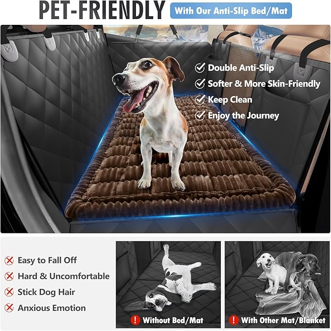 ROUWINNE Backseat Dog Bed Non-Slip, Dog Bed for Car Back Seat Soft and Comfortable, Back Seat Pet Bed Mat for Travel, Pet Car Blanket for Backseat Extender and Seat Covers Brown (51”X 23.5”)