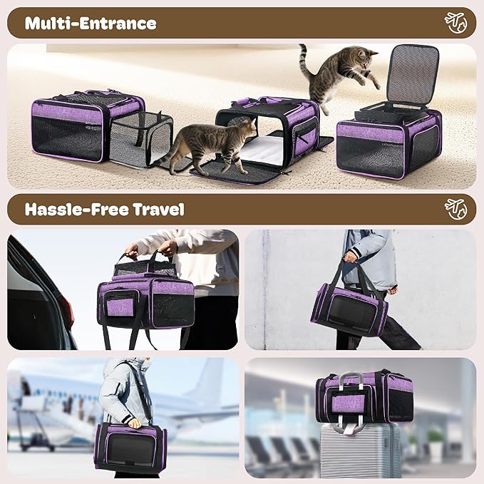Top and 2 Sides Expandable Large Cat Carrier 18x13.5x9.5, TSA Airline Approved Dog Carriers for Large Dogs, Soft-Sided Pet Carrier with Self-Locking Zippers for Kitten,Rabbit, Puppy Purple