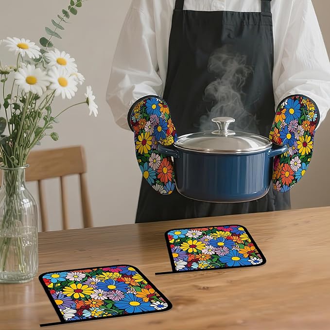 Abstract Hippie Flower Oven Mitts and Pot Holders,Heat Resistant Oven Mitts Gloves and Pot Holder for Home Kitchen Decorations Cooking Baking BBQ Gifts,Set of 4