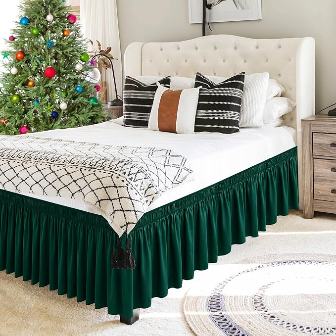 Biscaynebay Wrap Around Bed Skirts for Full & Full XL Beds 15" Drop, Christmas Hunter Green Adjustable Elastic Dust Ruffles Easy Fit Wrinkle & Fade Resistant Silky Luxurious Fabric Machine Washable