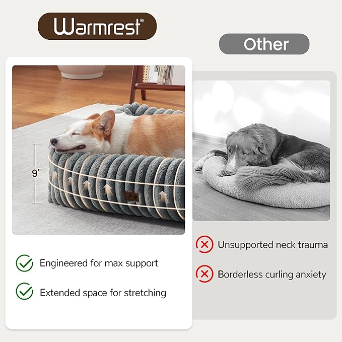 Warmrest Washable Dog Bed for Small Medium Dogs - Rectangle Orthopedic Corduroy Fleece Pet Bed with Removable Cover and Nonskid Bottom, Calming Puppy Bed Soft Pet Sofa, Grey(35x25x9inchs)