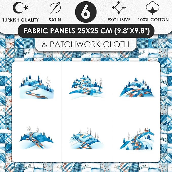Winter Patchwork Landscape Cotton Fabric Panel – 6 Designs (10×10 inch Each) + Bonus Patchwork Sheet 29.5×19.6 inch, 100% Cotton 140 GSM